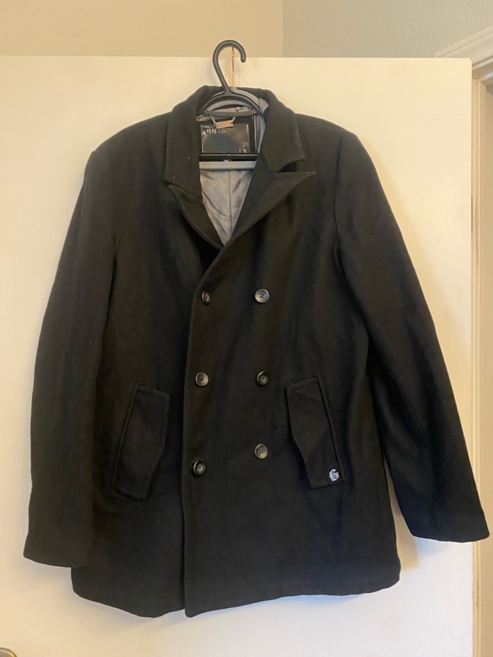 GUESS Men's Black Mid-Length Coat Button Logo Size L Wool-Blend Inner Pocket